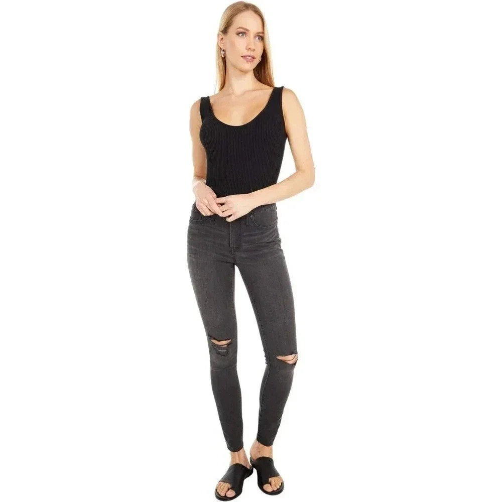 Madewell NWT 9 Inch Mid-Rise Skinny Distressed Ripped Jeans in Black Sea Size 24